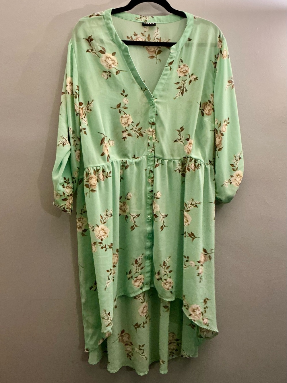 Torrid Size 3 Mint Green Floral Sheer Chiffon Flowy High Low Tunic Blouse